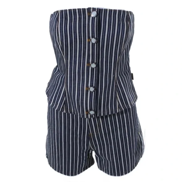 ❌SOLD❌NWOT Ganni Mixed Stripe Dark Indigo Denim Buster Top & Shorts Set💙🤍💙 - Picture 6 of 16